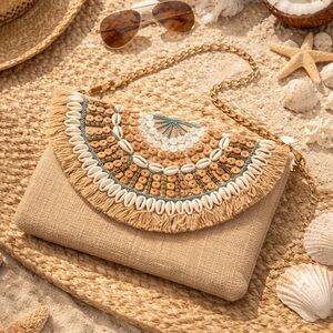 Coastal Beaded Straw Clutch with Shell Trim - Natural & Green